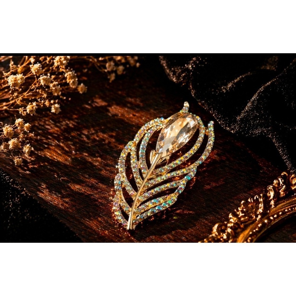 Gold Tone Feather Brooch, Crystal & Iridescent Rhinestones | Vintage Glam Pin